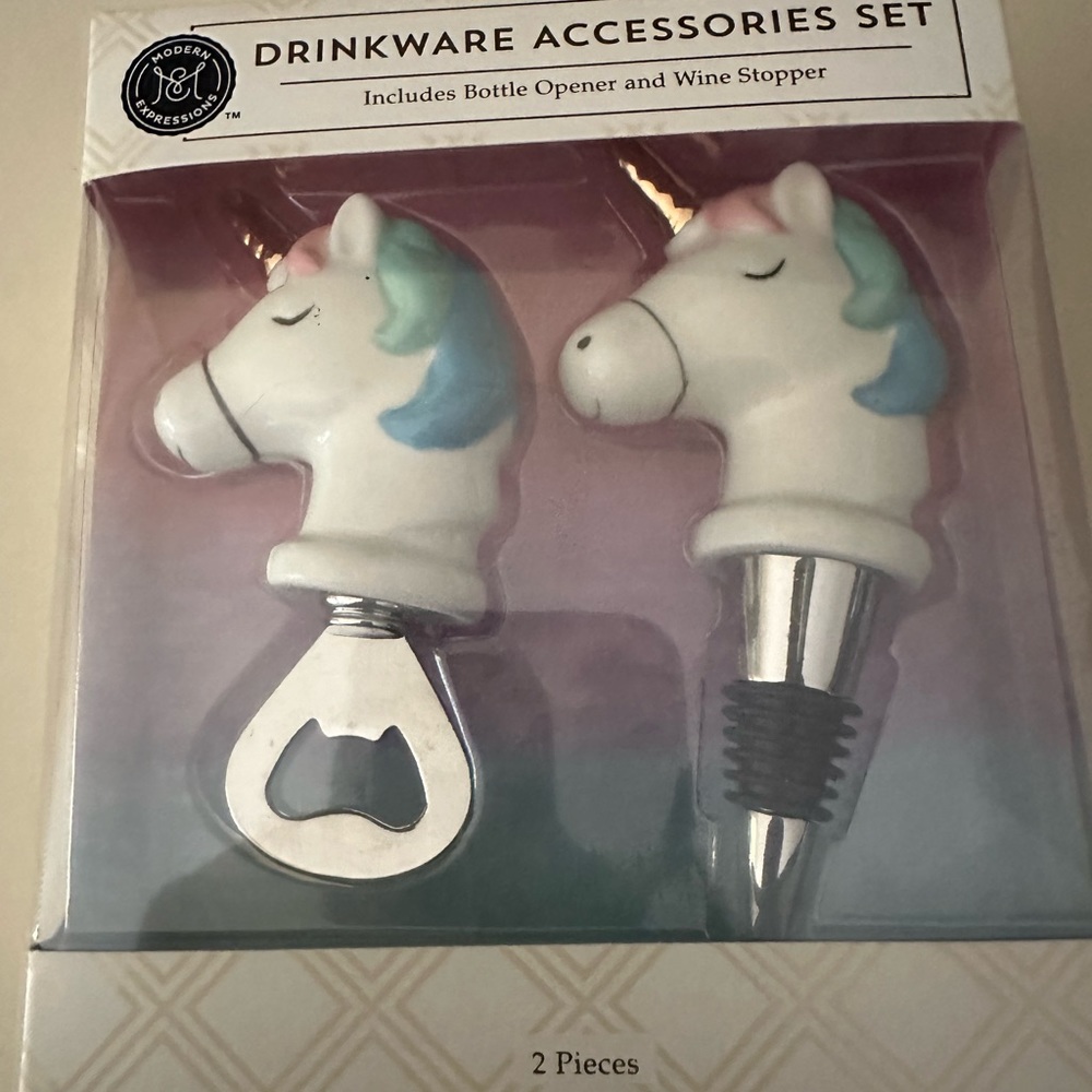 NWT NIB Modern Expressions Unicorn Drinkware Accessories Set Opener & Stopper